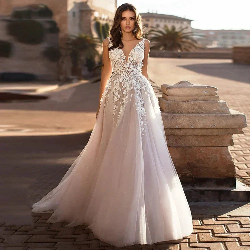 Wedding Dresses Beach Wedding Women Sexy V Large Decal 3D Flower Tulle Sleeveless Bridal Gowns Vestido De Novia Robe Mariée (ZD14132)