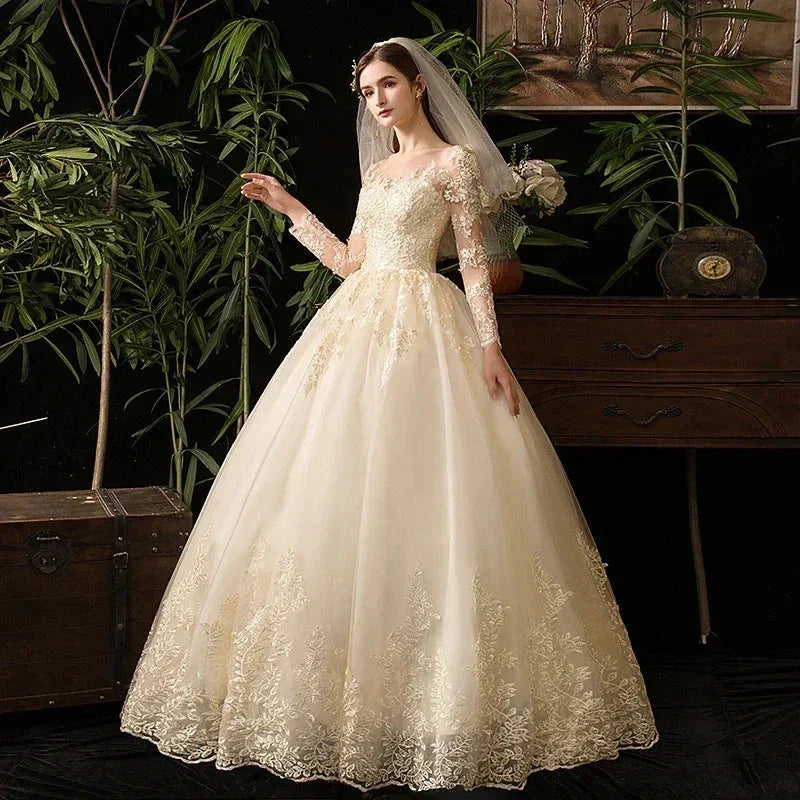 Wedding Dresses Muslim Champagne Full Sleeve Lace Bridal New Luxury Ball Gown Wedding Dress Vestido De Noiva (ZD13568) - View 2 | VelvetHem