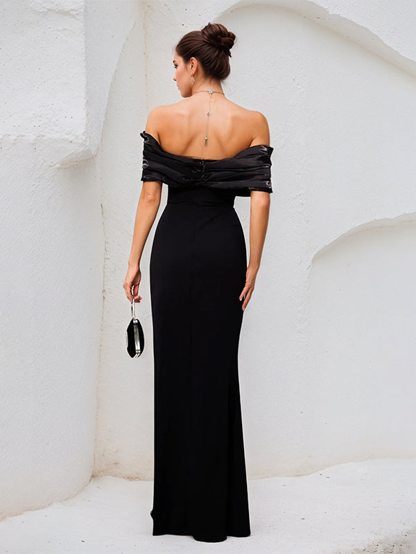 Black Stretch Crepe Off-the-Shoulder Sleeveless Floor-Length Dress With High Slit - View 2 | FashionDia