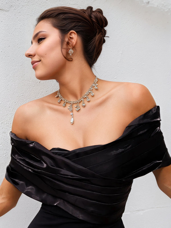 Black Stretch Crepe Off-the-Shoulder Sleeveless Floor-Length Dress With High Slit - View 4 | FashionDia