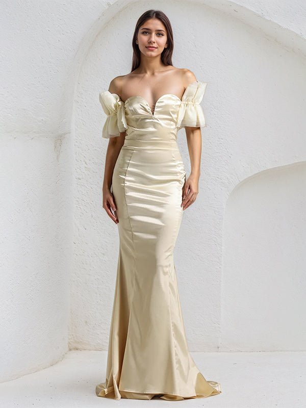 Champagne Satin Off the Shoulder Sleeveless Floor Length Mermaid Dress - VelvetHem