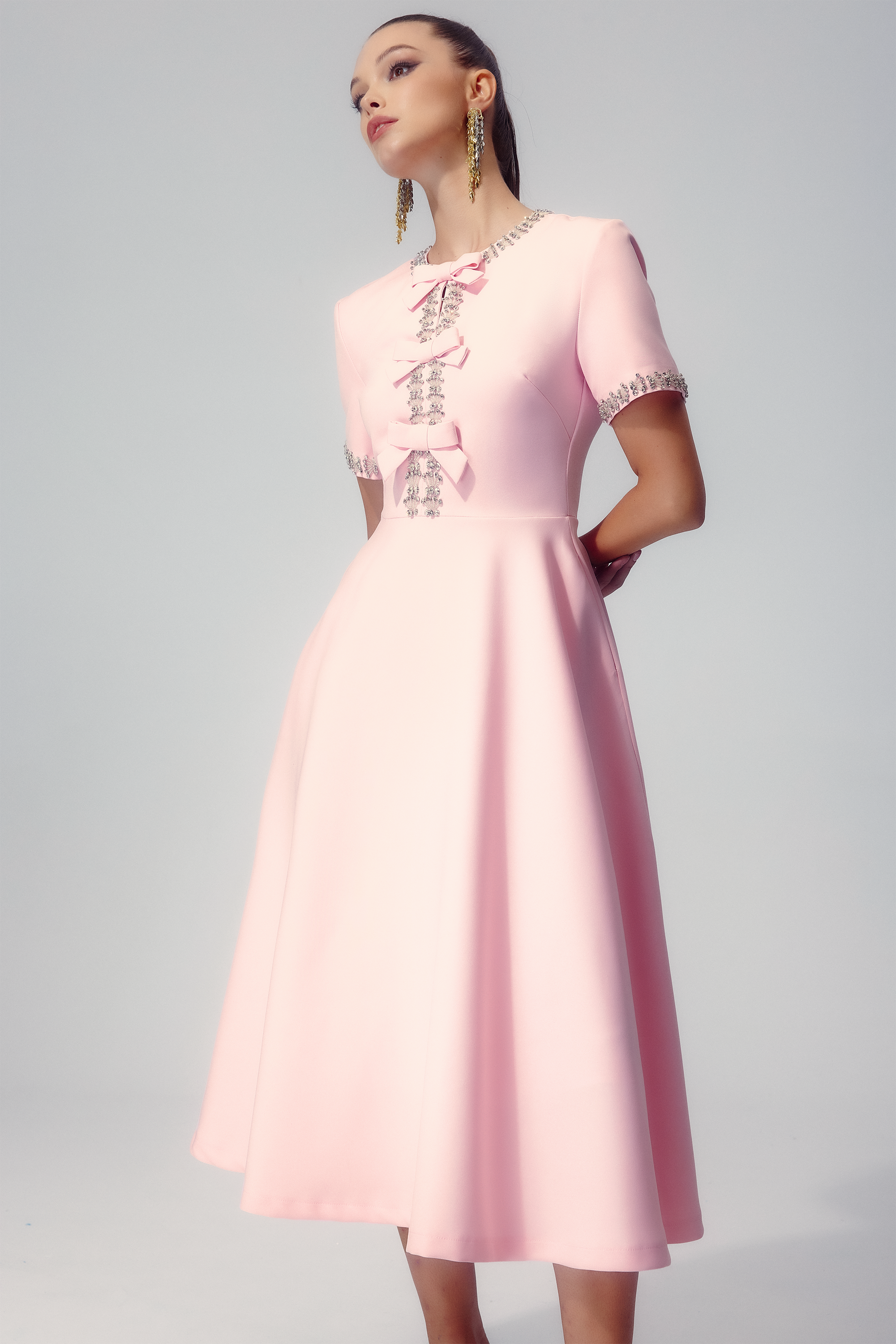 Minimalist Mercedes Midi Dress with Bow and Crystal Embellishment Chic Silhouette Collection