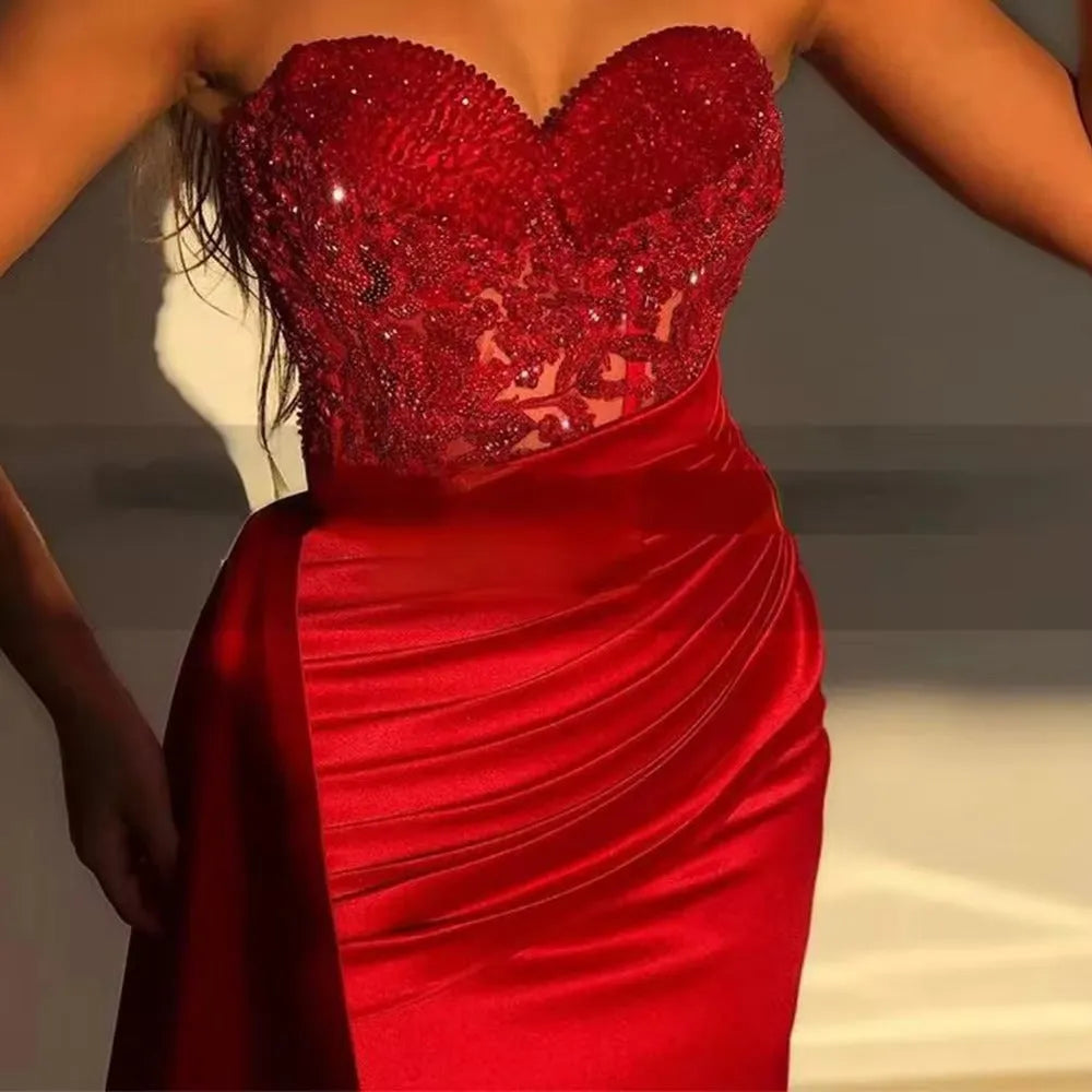 Red Satin Lace Sequins Evening Dresses With Overskirt Long Mermaid Prom Party Gowns Slit Pleated Formal Women Dress