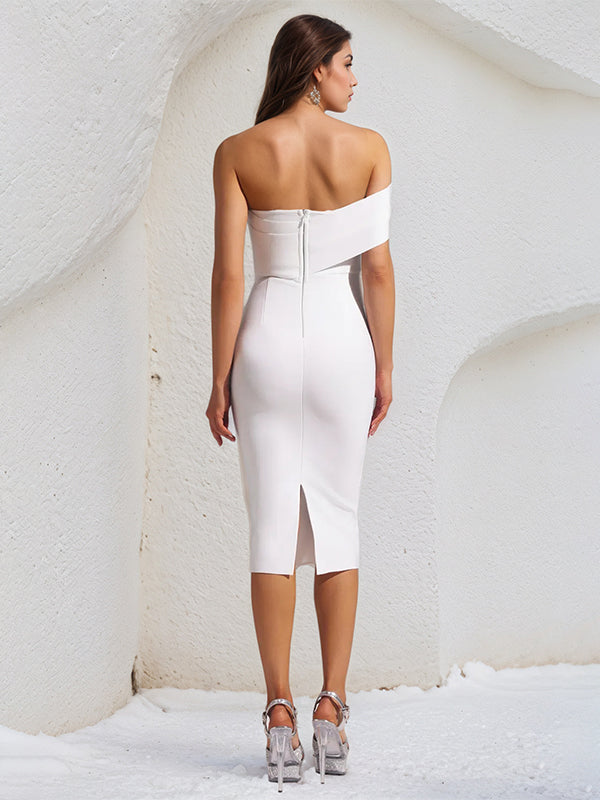 White Stretch Crepe One Shoulder Sleeveless Tea Length Dress With Slit