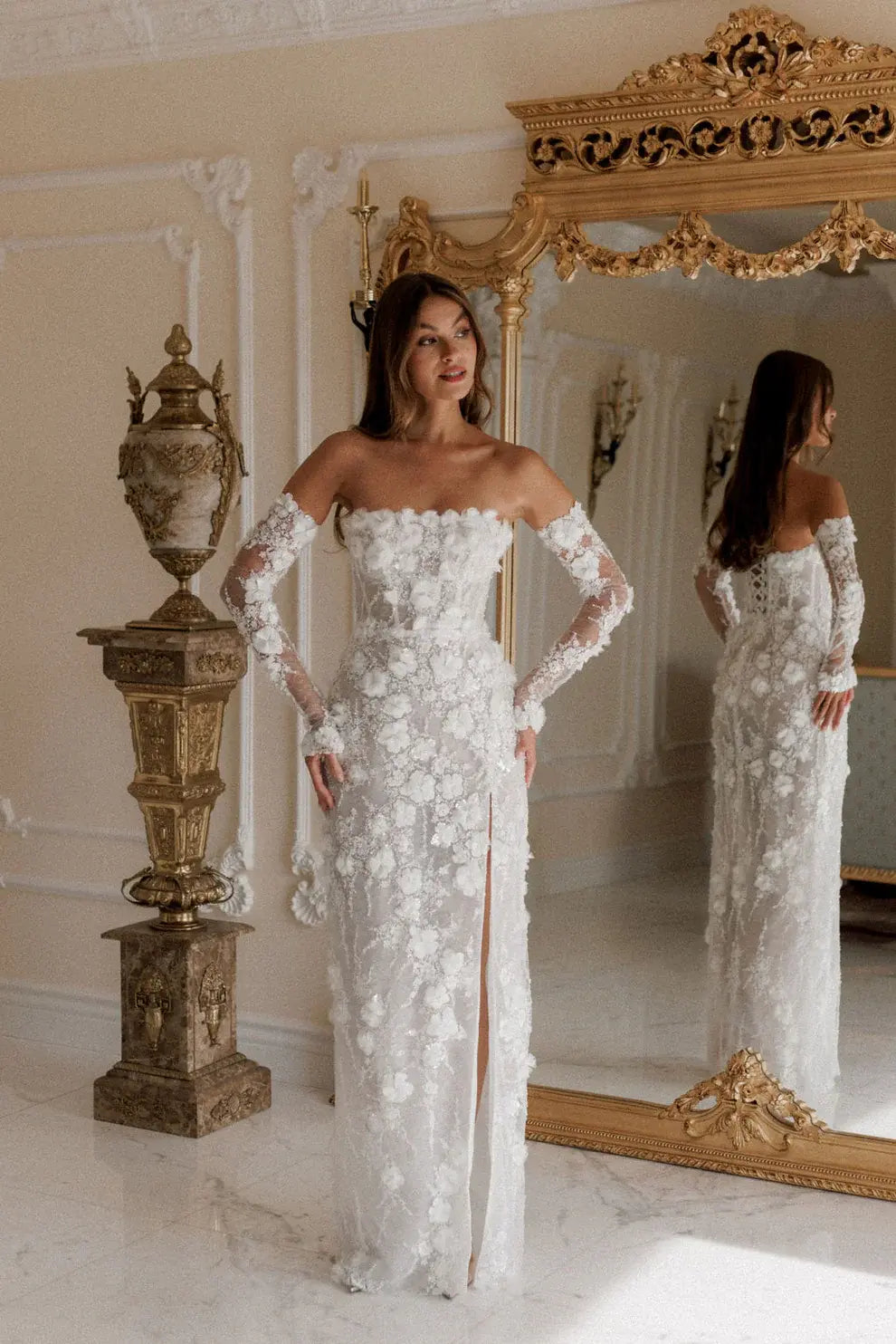 Luxury 3D Floral Sequin Strapless Wedding Dress with Detachable Sleeves ZP188