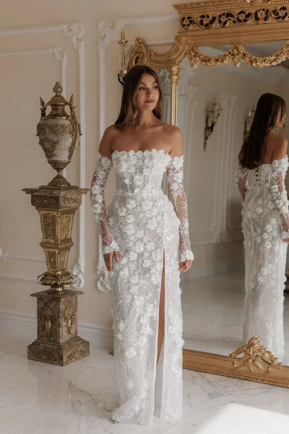 Luxury 3D Floral Sequin Strapless Wedding Dress with Detachable Sleeves ZP188 - View 4 | VelvetHem