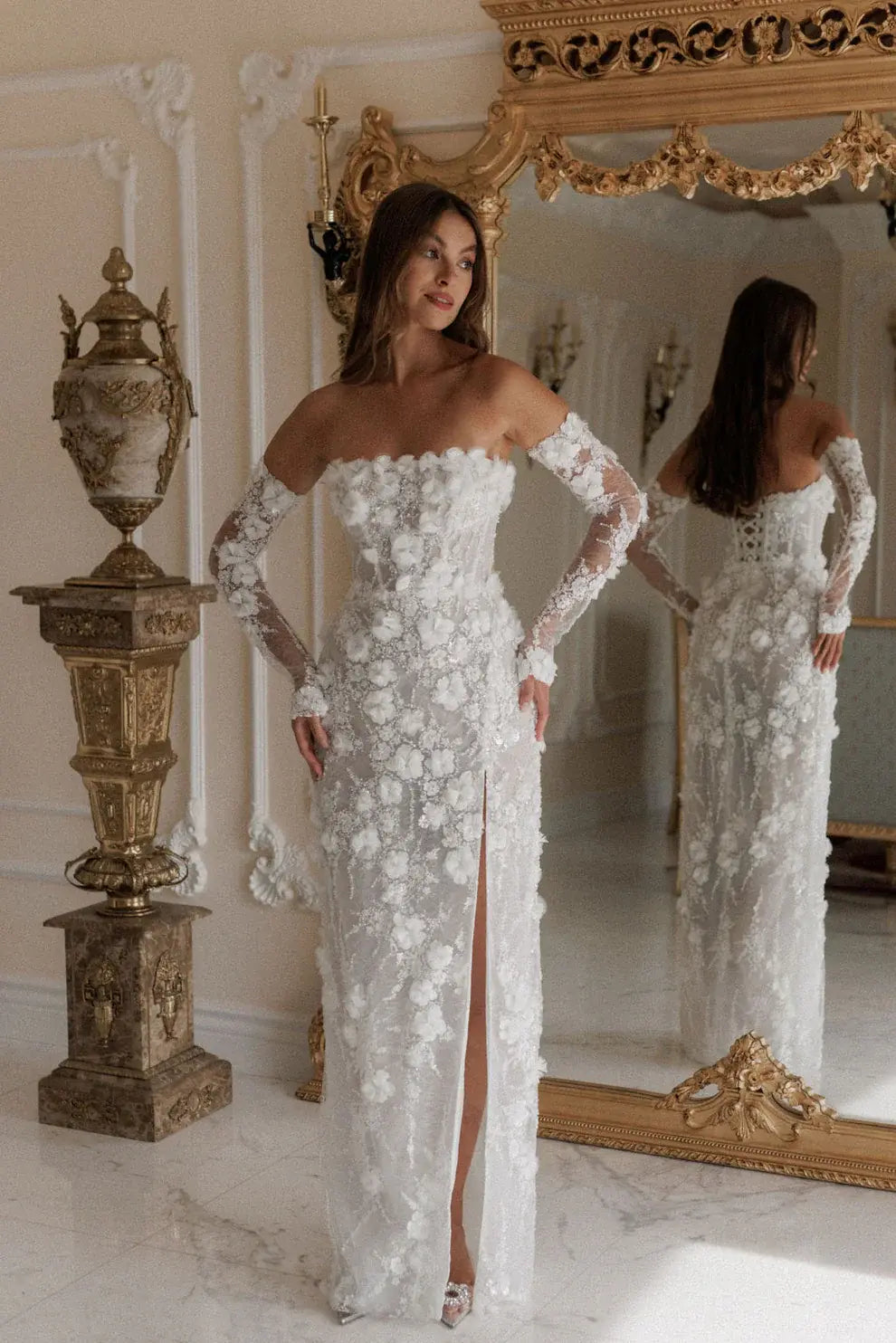 Luxury 3D Floral Sequin Strapless Wedding Dress with Detachable Sleeves ZP188