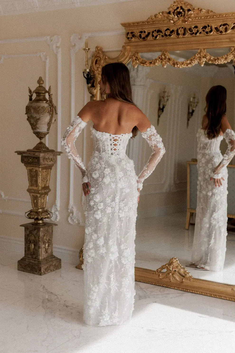 Luxury 3D Floral Sequin Strapless Wedding Dress with Detachable Sleeves ZP188
