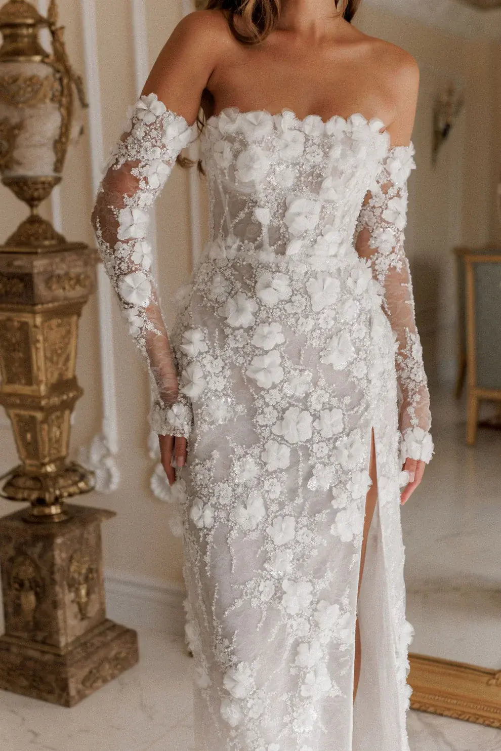 Luxury 3D Floral Sequin Strapless Wedding Dress with Detachable Sleeves ZP188