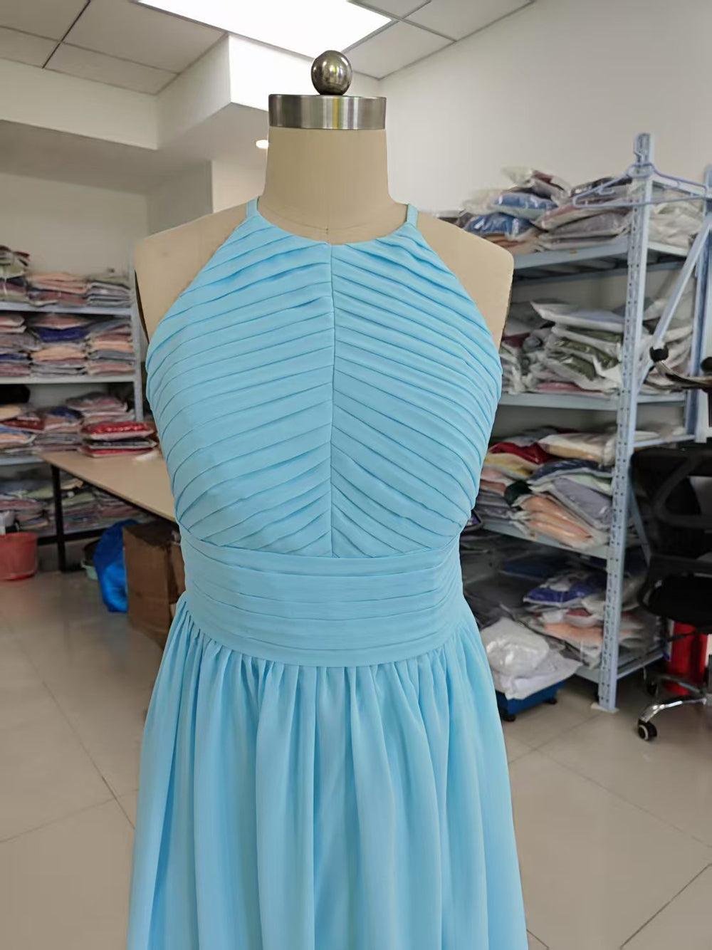Chiffon Floor Length Prom Dresses A-Line Halter Open Back Pleats - View 10 | VelvetHem