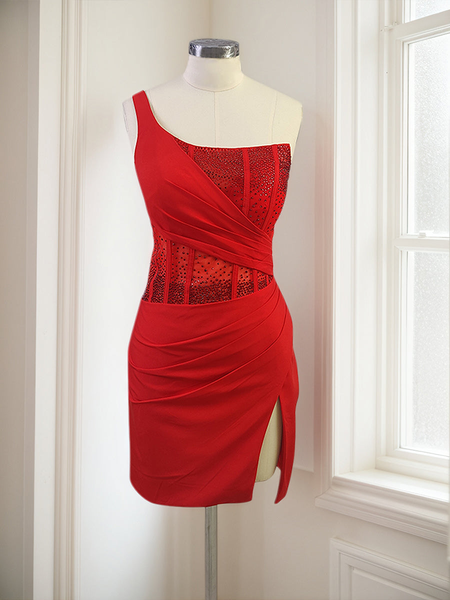 Bodycon One-Shoulder Satin Short Homecoming Dresses with Slit - FashionDia