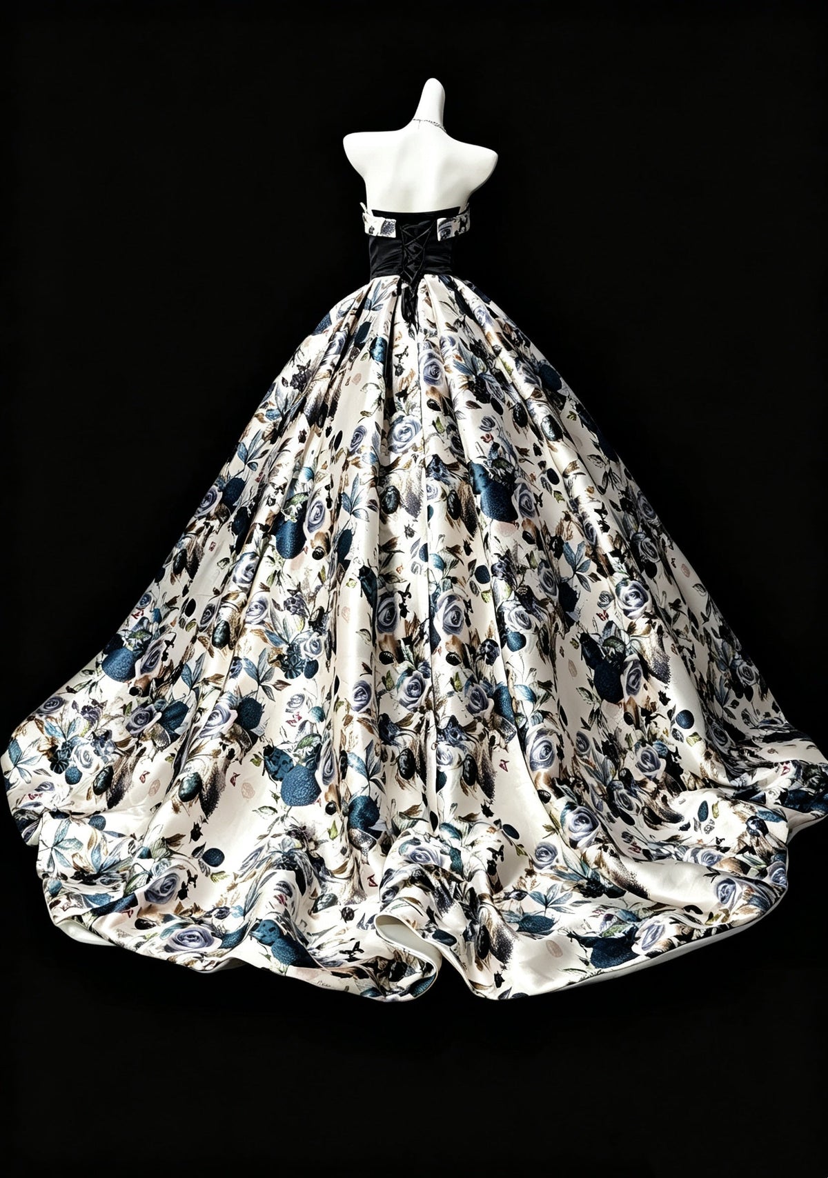 Vintage Print Floral Strapless Satin Quinceanera Dress Sweet 15 Dress D3627