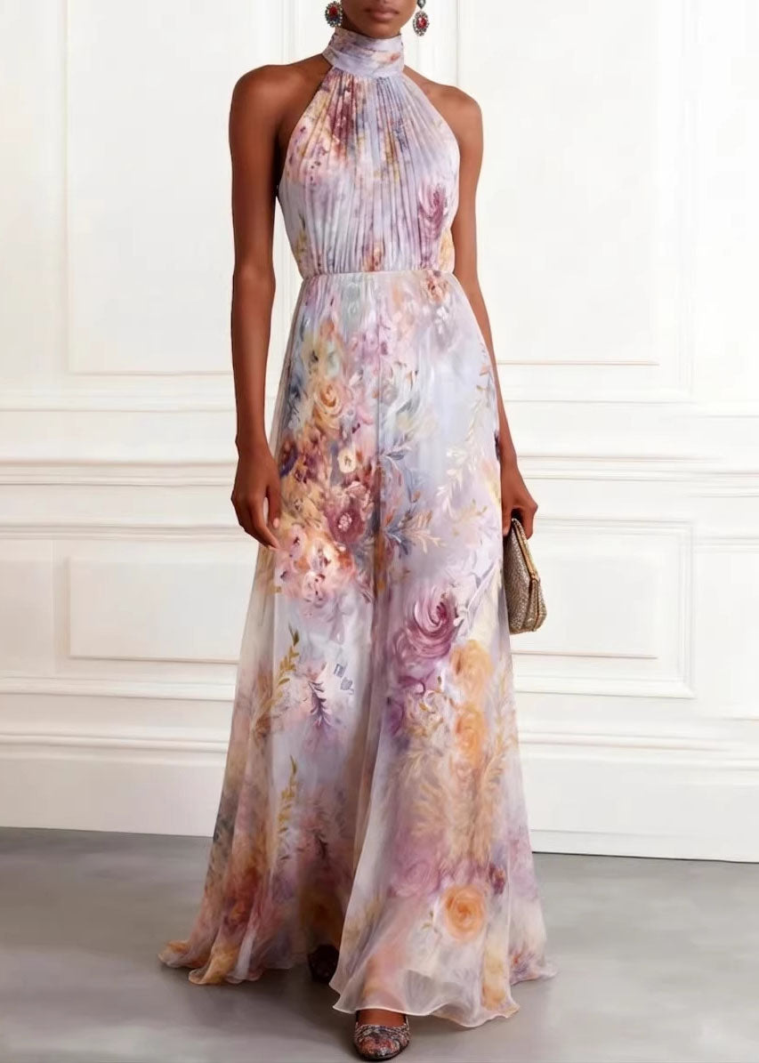 2026 New Hanging Neck Print Chiffon Long Dresses Sleeveless