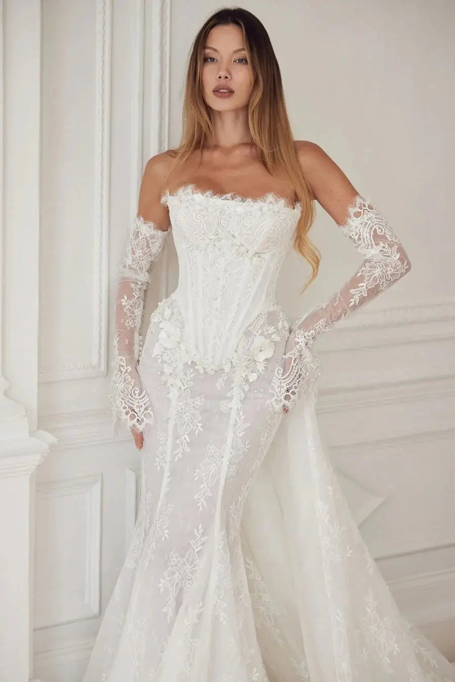 White Lace Applique Corset Bridal Gown with Cathedral Train ZP204