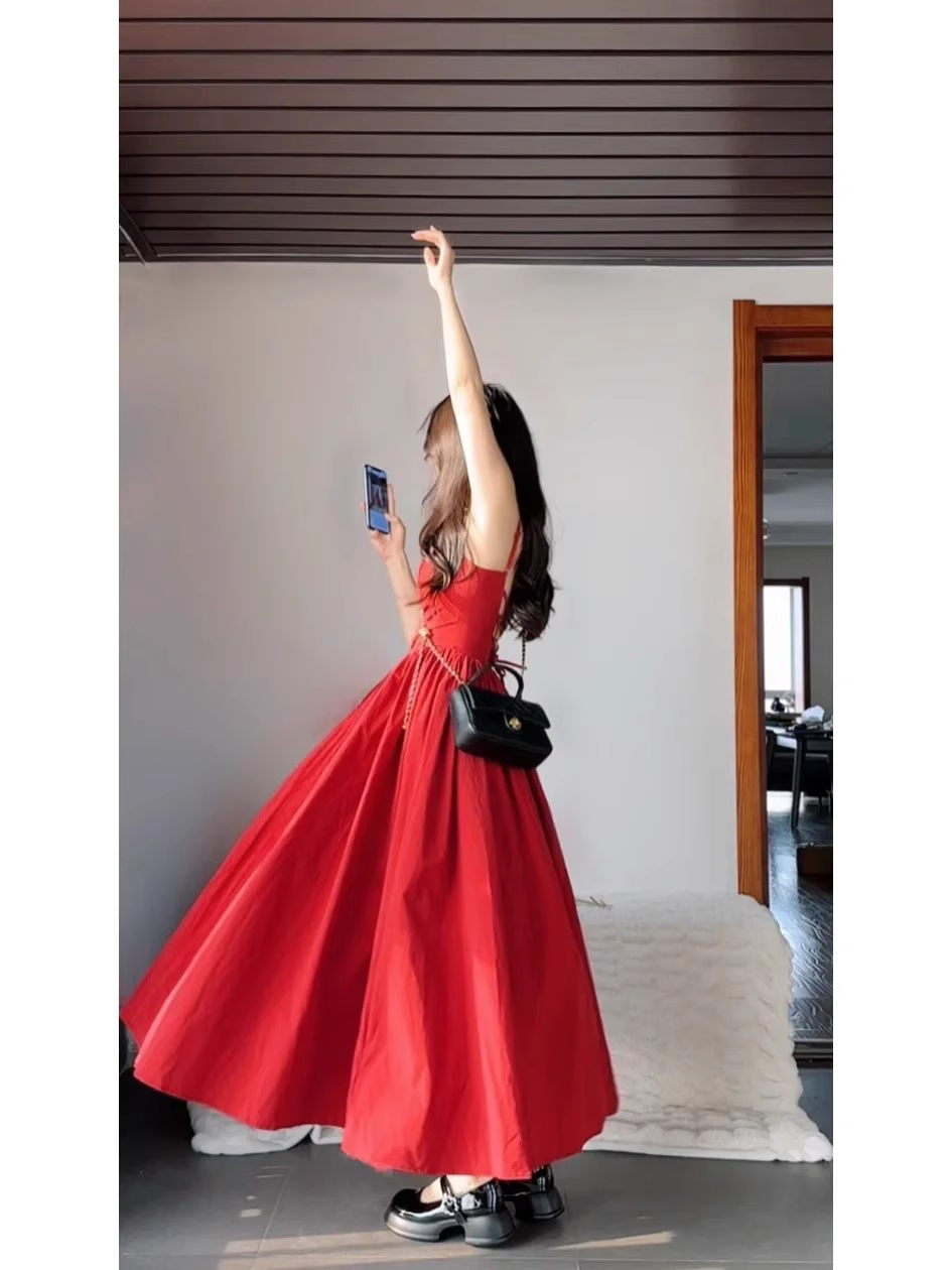 Chic A-Line Spaghetti Straps Red Backless Ruffles Long Prom Dresses Birthday Outfits - View 4 | FashionDia