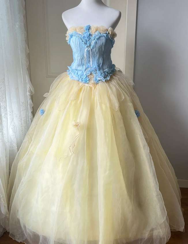 Dreamy Blue and Yellow Color-blocked Strapless Tulle Ball Gown Evening Dress Sweet 16 Dress - FashionDia