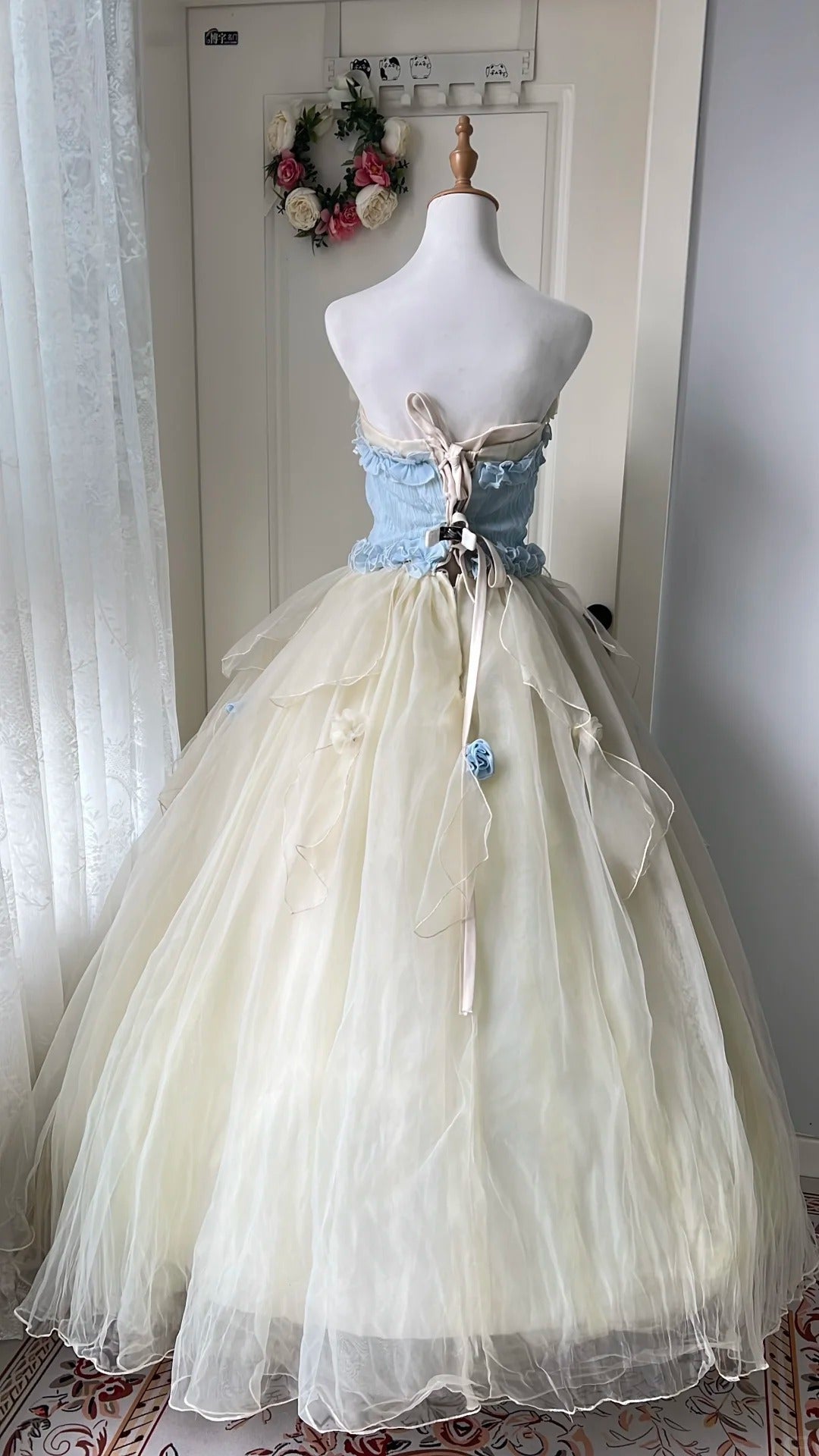 Dreamy Blue and Yellow Color-blocked Strapless Tulle Ball Gown Evening Dress Sweet 16 Dress - View 7 | FashionDia