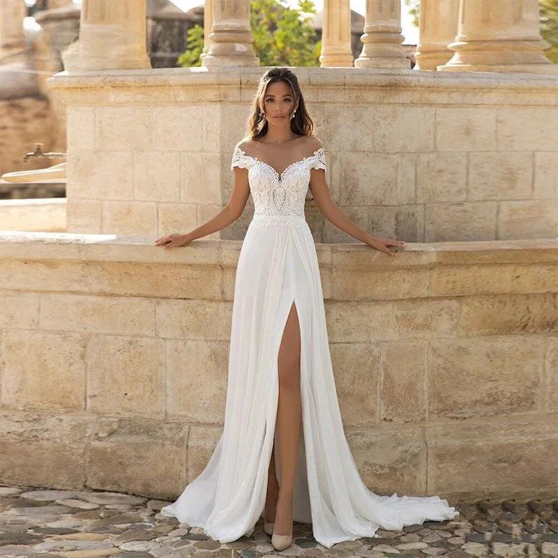 Chiffon Bohemian Bride Gowns A-Line Wedding Dresses Side Slit Lace Beach Long O-Neck Cap Sleeves Vestidos De Novia 2024 by payinti