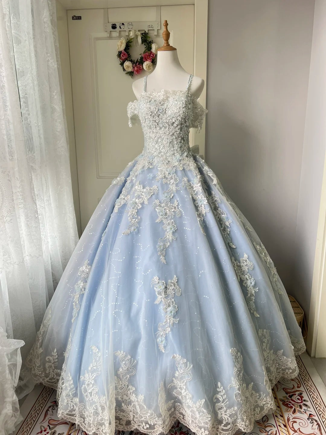 Princess Light Blue Lace Tulle Ball Gown Evening Dress Sweet 16 Dress - VelvetHem