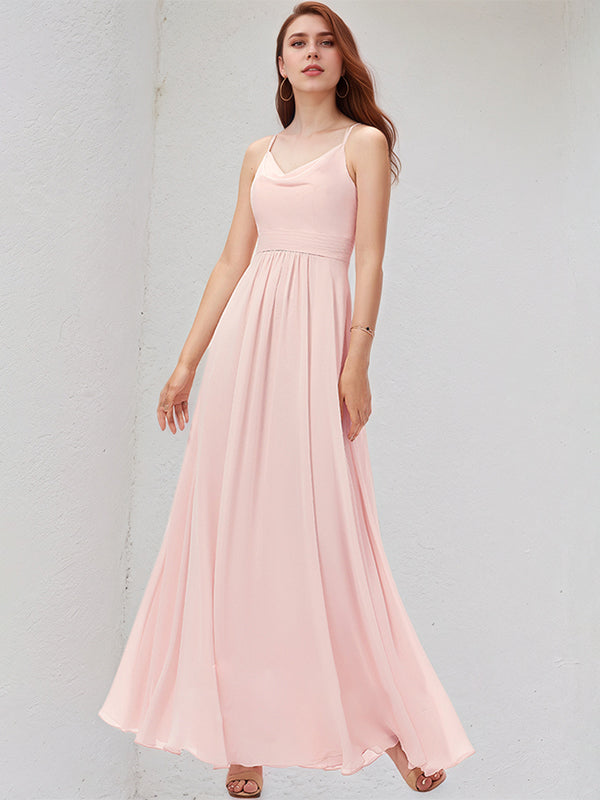 Blushing Pink A-Line Cowl Floor-Length Chiffon Bridesmaid Dress