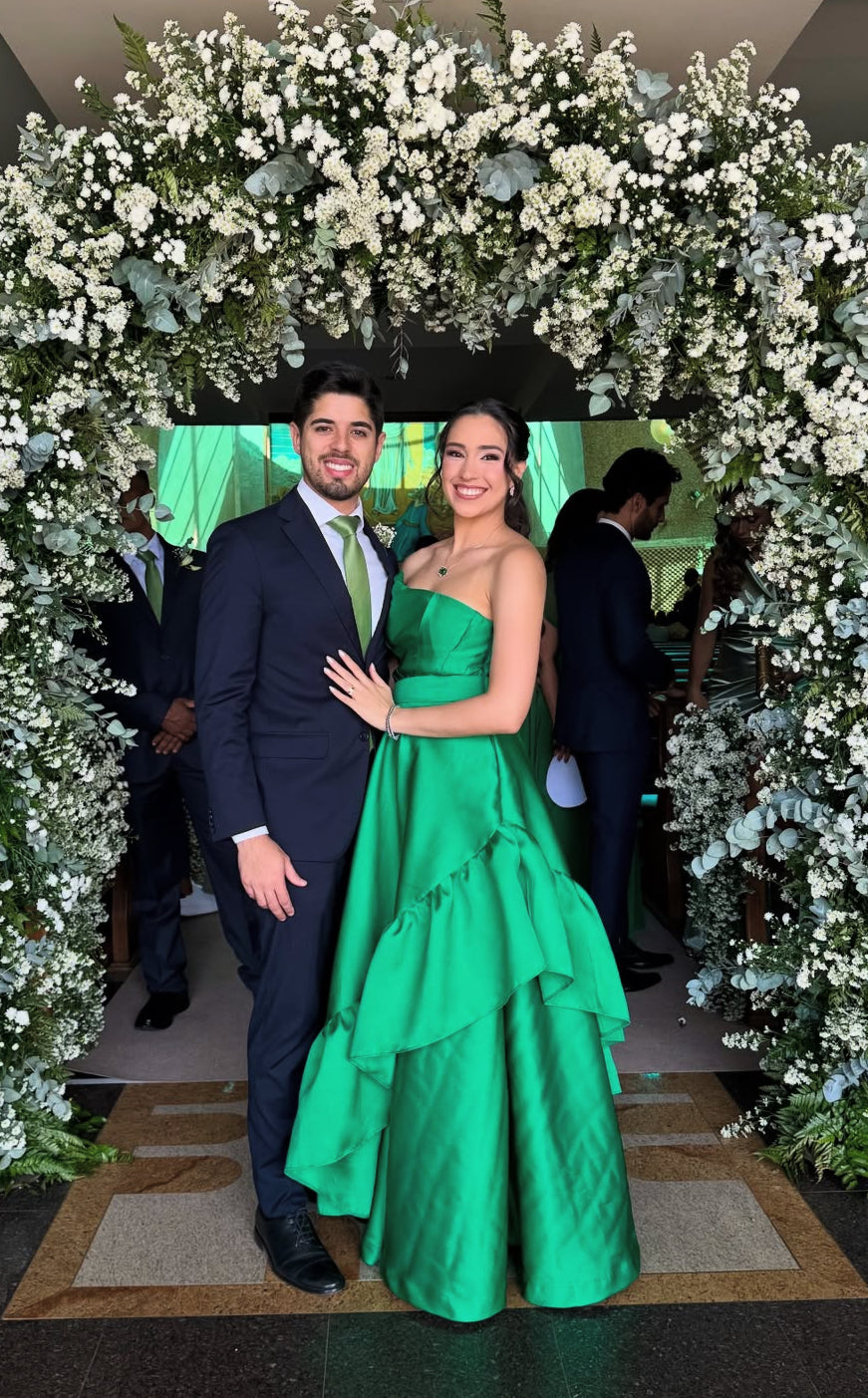 Strapless A-Line Green Ruffle Prom Dress Satin Wedding Guest Dress