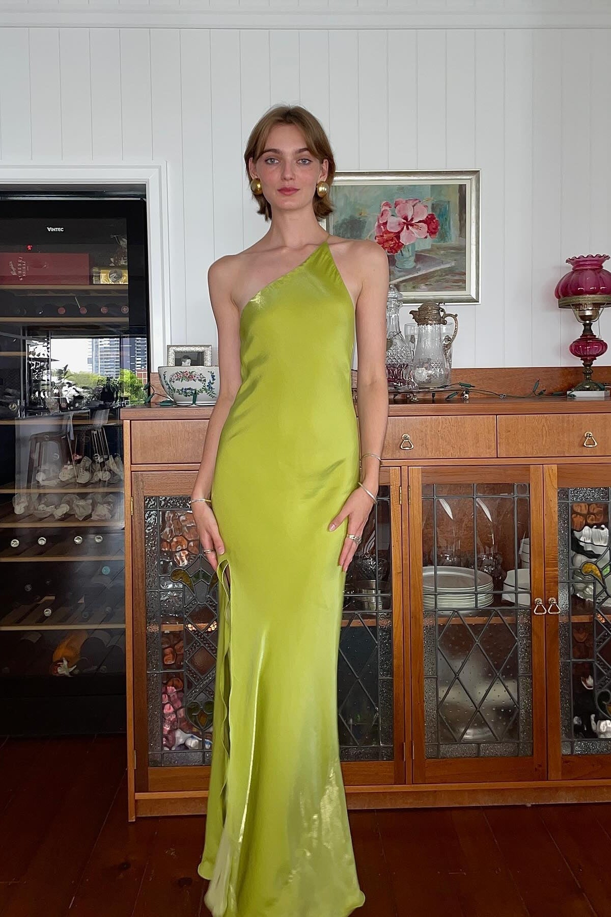 Chic Sheath One Shoulder Light Green Long Party Dress with Split Front - FashionDia