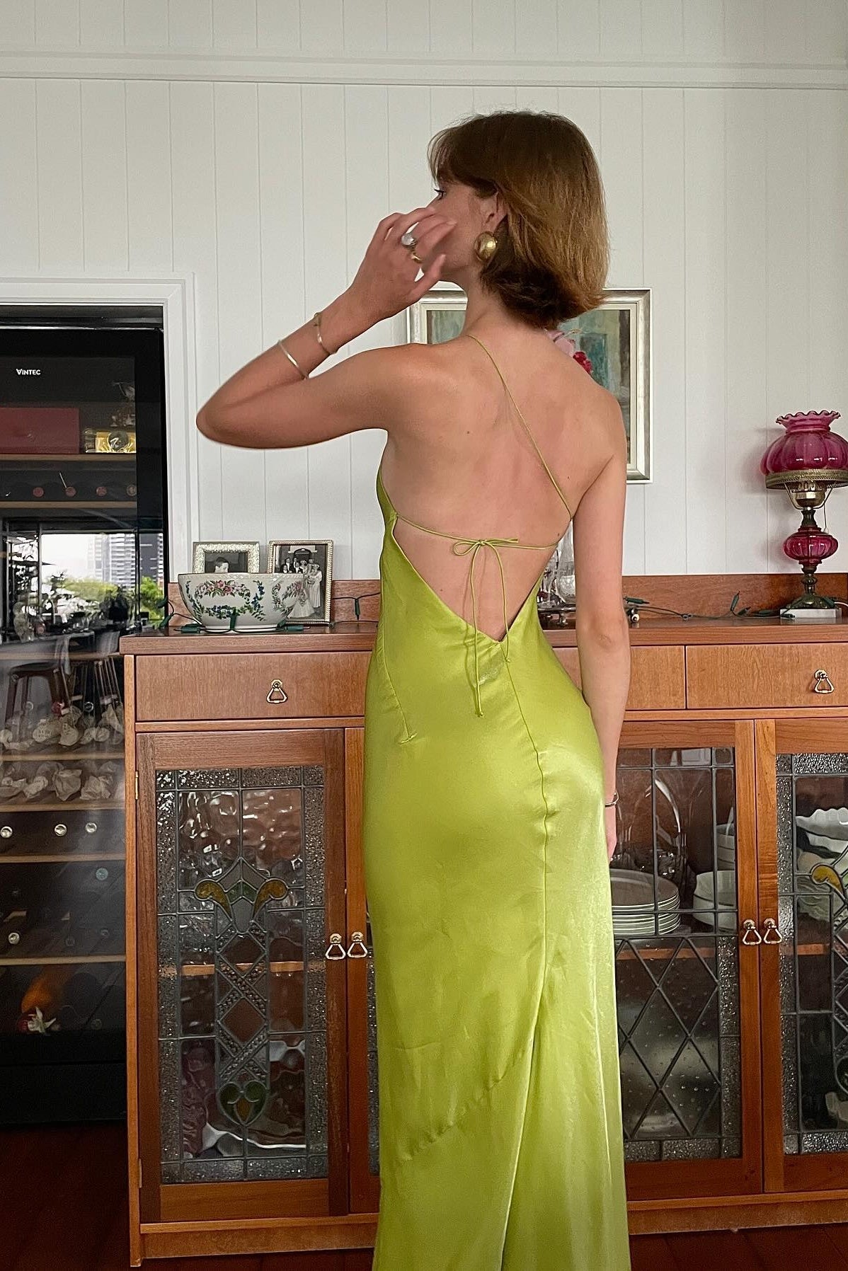 Chic Sheath One Shoulder Light Green Long Party Dress with Split Front - View 7 | FashionDia