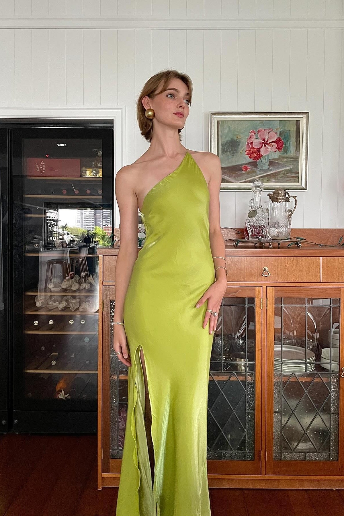 Chic Sheath One Shoulder Light Green Long Party Dress with Split Front - View 4 | FashionDia