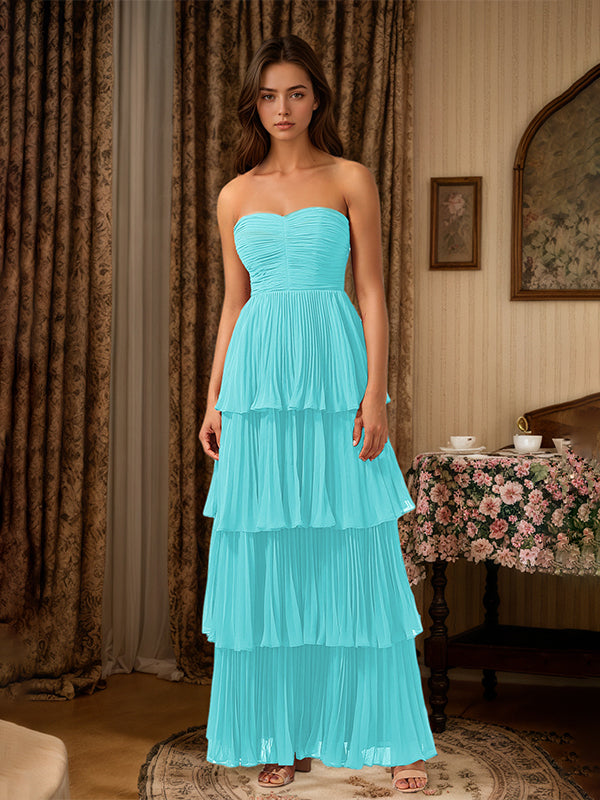 Burgundy A-Line Sweetheart Floor-Length Tiered Chiffon Bridesmaid Dress