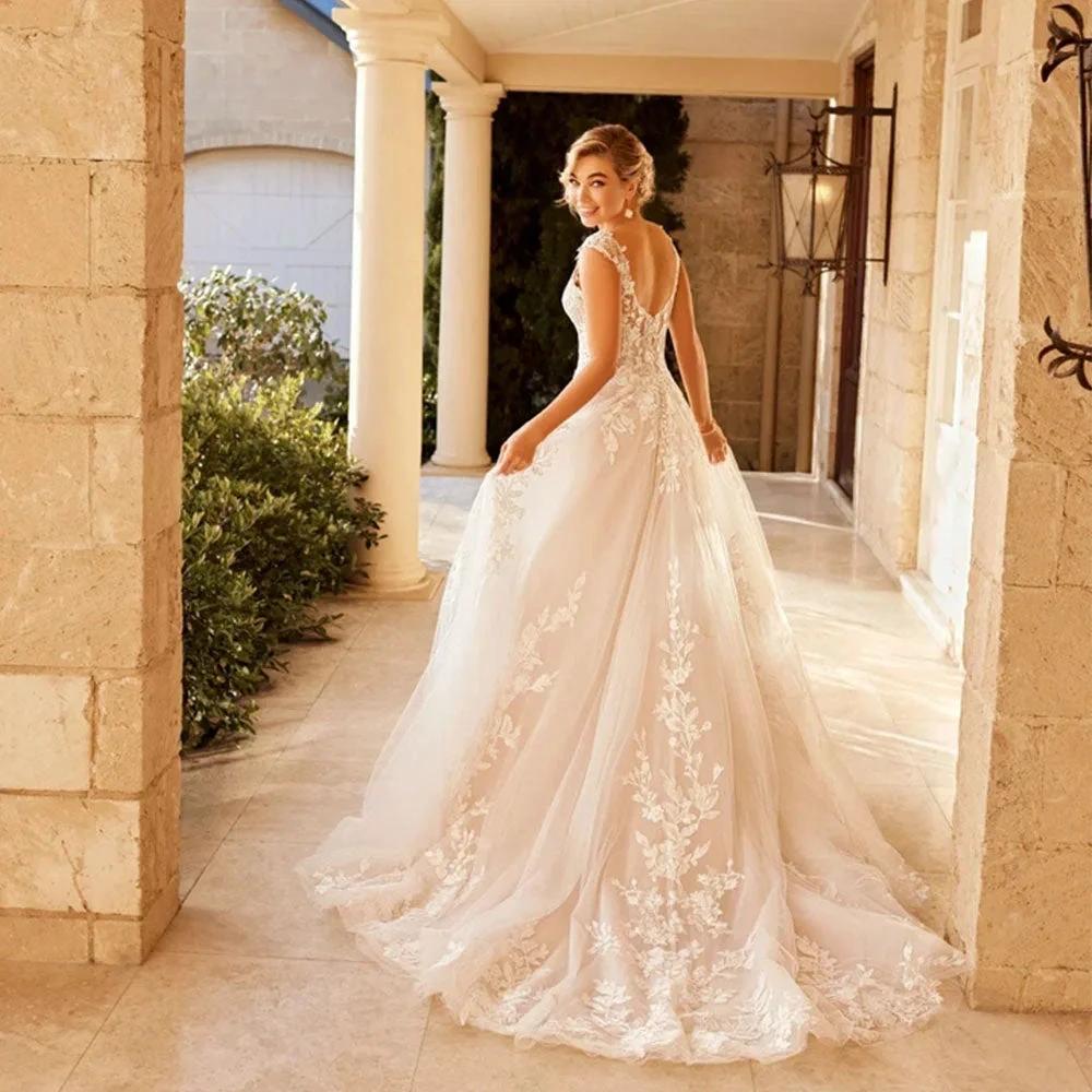 Elegant Wedding Dress For Women V-Neck Cap Sleeve Lace Appliques Vestido De Noiva With Button Sweep Train Custom Made (ZD13459)