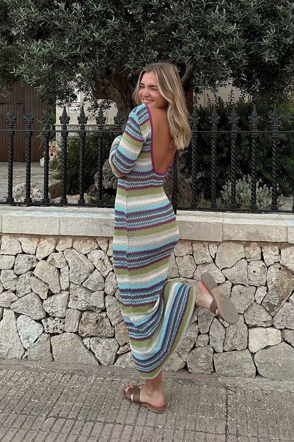 Slim Striped Long Sleeve Knit Fashionable Sweater Dress - View 3 | VelvetHem