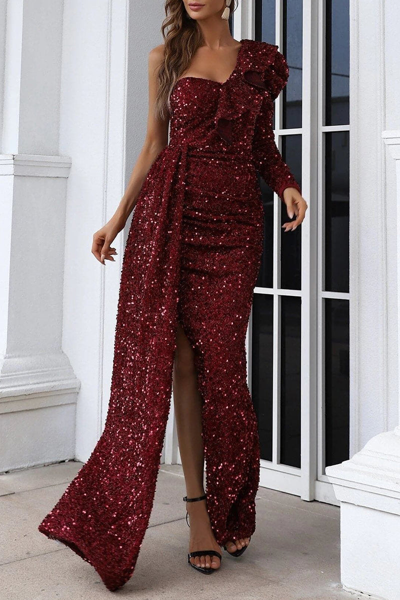Elegant Formal Solid Sequins Slit Oblique Collar Evening Dress Dresses - View 9 | VelvetHem