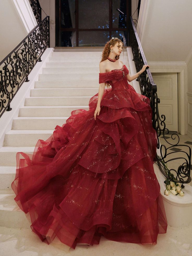 Glitter Off-Shoulder Evening Gown, Red Tulle Beaded Ball Gown Fairy Quinceanera Dress - FashionDia