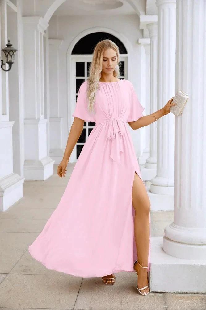 Ladies Chiffon Sleeve Crew Neck Front Slit Floor Length Bridesmaid Evening Dress Wedding Party Evening Dress 28124 by numbersea