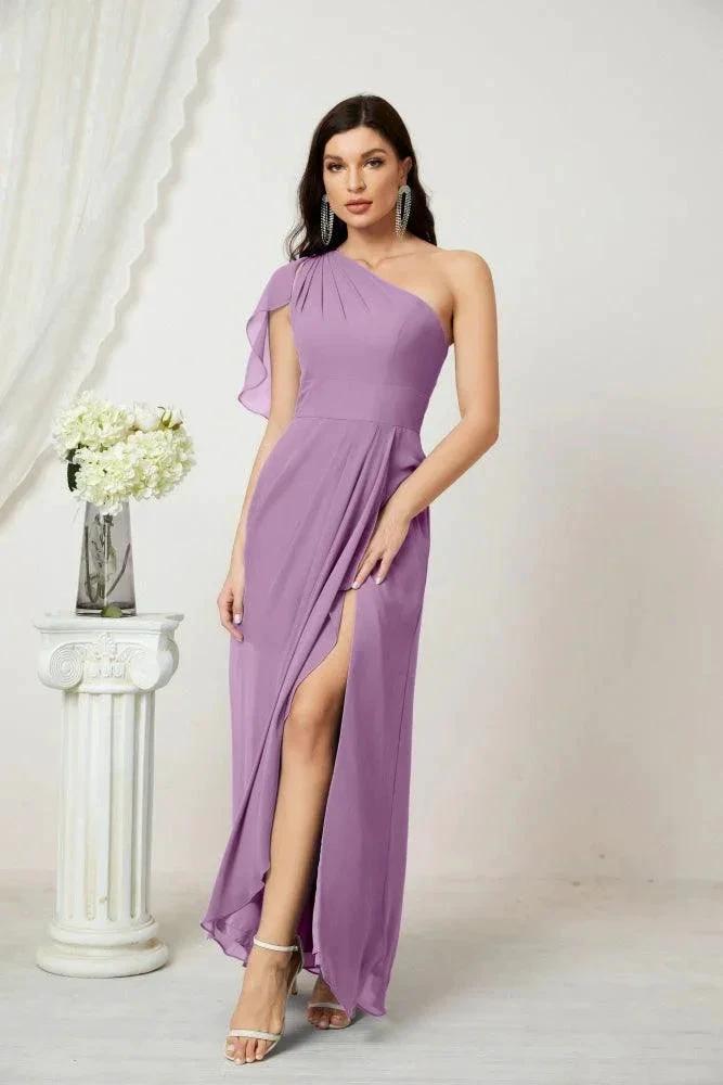 Numbersea Chiffon Ruffled One Shoulder Long Bridesmaid Dresses A-line Formal Evening Gown Side Split 2809 by numbersea