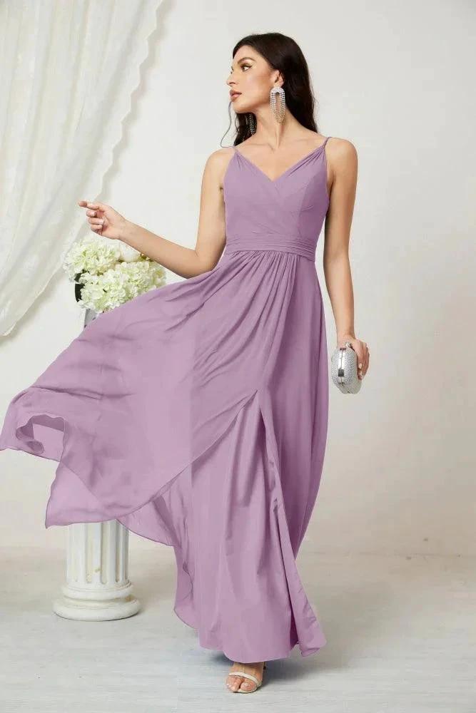 Numbersea Chiffon V-Neck Bridesmaid Dress Spaghetti Strap Long Formal Party Prom Gowns with Slit 28010 by numbersea