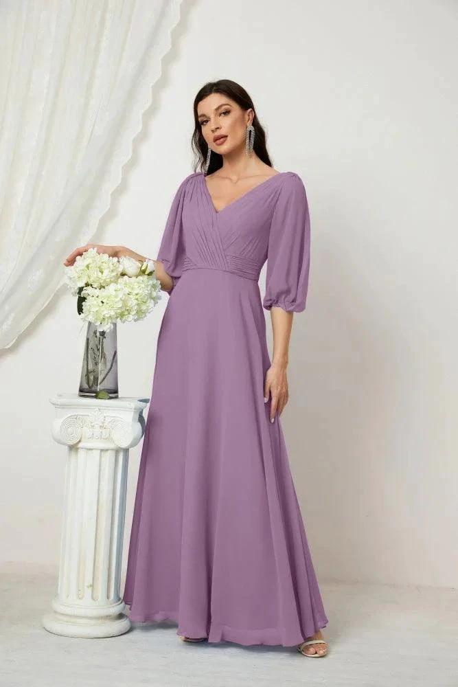 Numbersea Formal Prom Gown Women V-Neck Chiffon Bridesmaid Dresses Long Bishop Sleeve Party Dress 2807 by numbersea