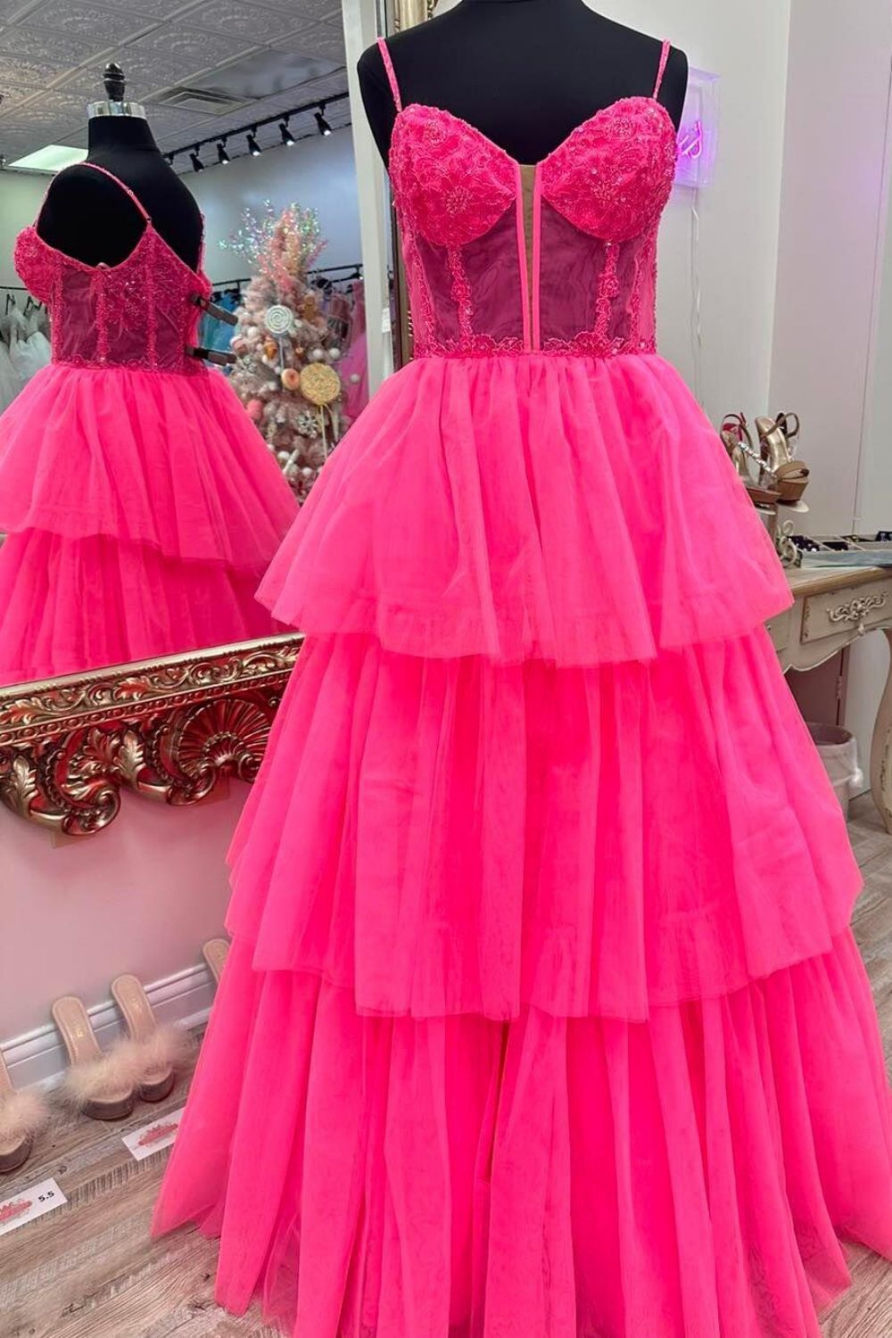 Charming A-Line Spaghetti Straps Pink Corset Prom Dress with Appliques - View 3 | FashionDia