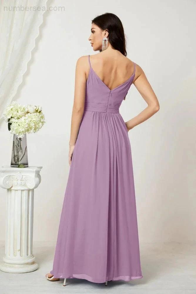 ZapDress Chiffon V-Neck Bridesmaid Dress Spaghetti Strap Long Formal Party Prom Gowns with Slit 28010 (ZD17028)