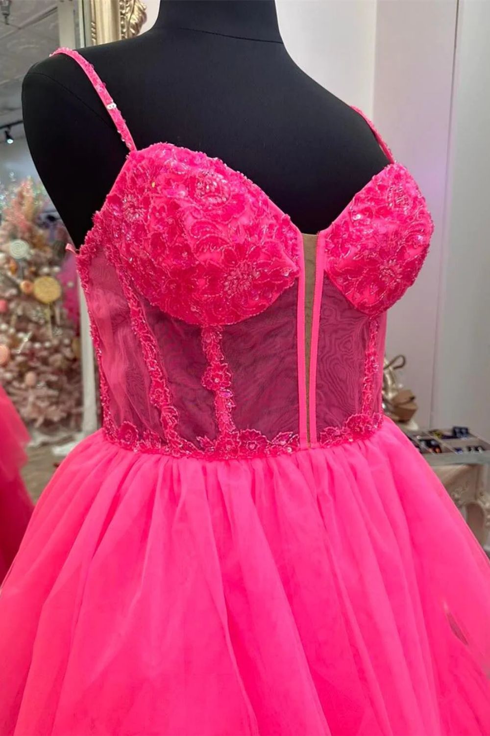 Charming A-Line Spaghetti Straps Pink Corset Prom Dress with Appliques - View 4 | FashionDia