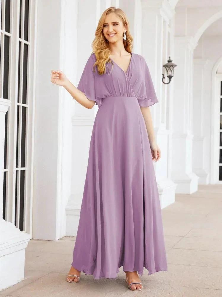 Numbersea V-Neck Bridesmaid Dress Chiffon Long Open Back Formal Dresses for Women Party Evening 28067 by numbersea