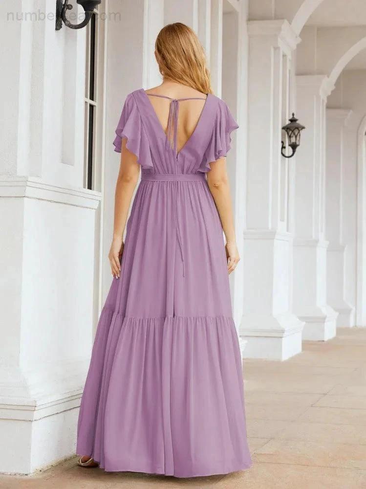 ZapDress Women's Open Back Formal Evening Party Prom Gowns V-Neck Long Chiffon Bridesmaid Dresses with Waist Belt 28038 (ZD17000)