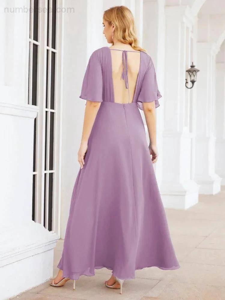 ZapDress V-Neck Bridesmaid Dress Chiffon Long Open Back Formal Dresses for Women Party Evening 28067 (ZD17046)