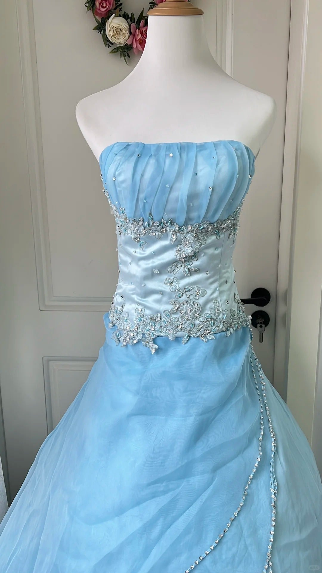 Dreamy Princess Blue Strapless Embroidered Tulle Ball Gown Evening Dress Sweet 16 Dress - View 2 | FashionDia