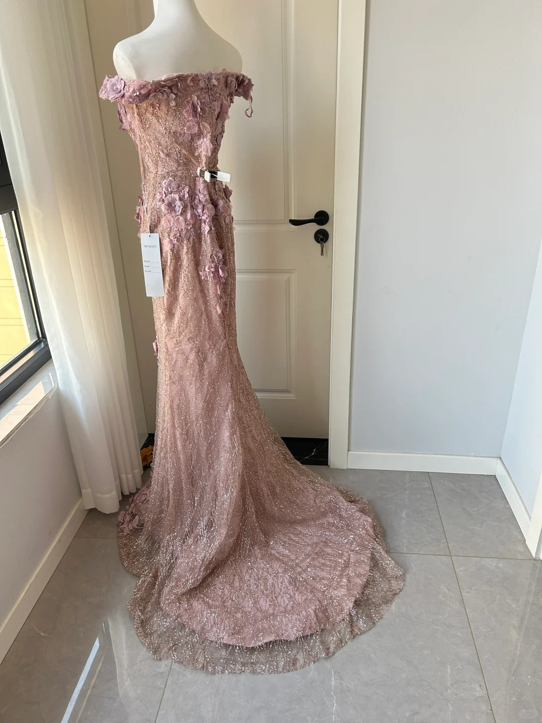 Elegant Pink Mermaid Off-shoulder 3D Floral Sequined Prom & Evening Dress - View 2 | FashionDia