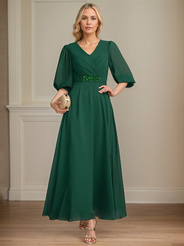 A-line V-Neck Ankle-Length Chiffon Mother of the Bride Dress With Pleated Sequins Beading - View 7 | FashionDia