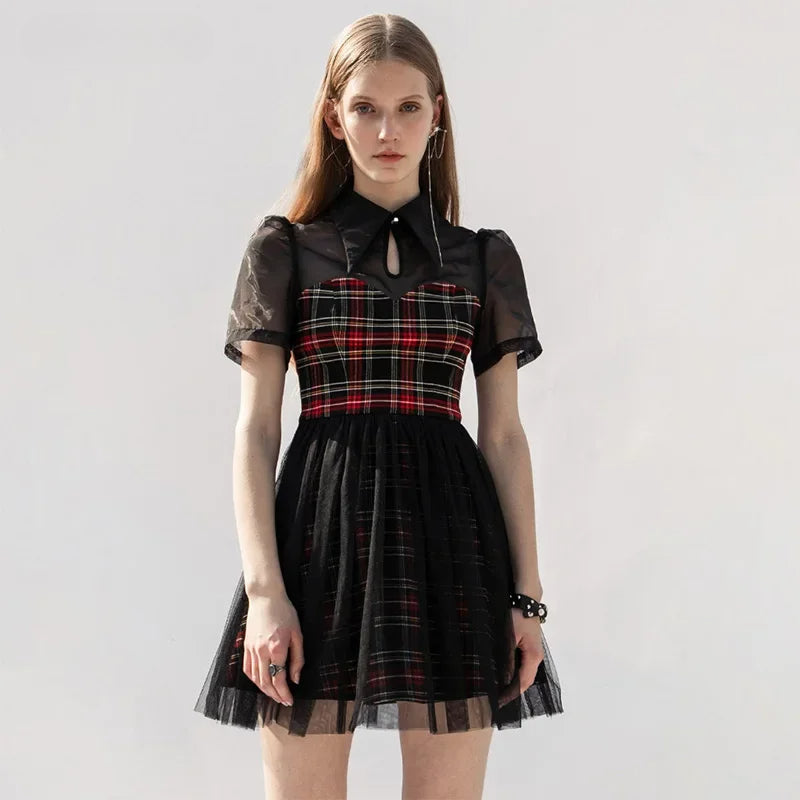Gothic Lace Spliced Plaid Sexy A Line Short Sleeve Dress