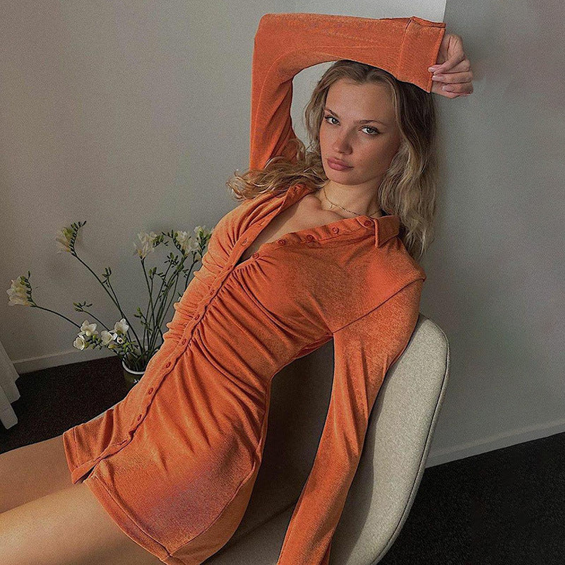 Klary Ruched Button Down Knit Dress FINAL