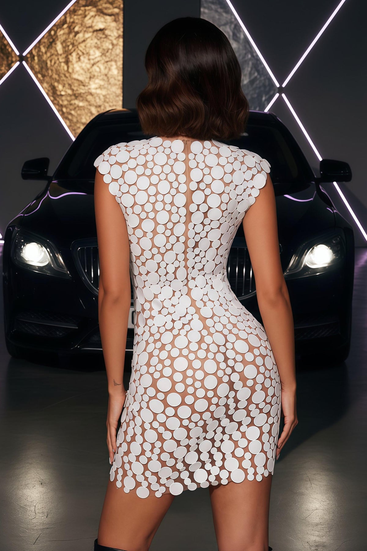 Sheer Illusion Polka Dot Pattern Bodycon Cocktail Dress - View 4 | FashionDia