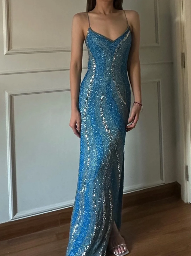 Gorgeous Blue Mermaid Halter V-neck Backless Sequined Long Prom Dress Evening Dress - VelvetHem